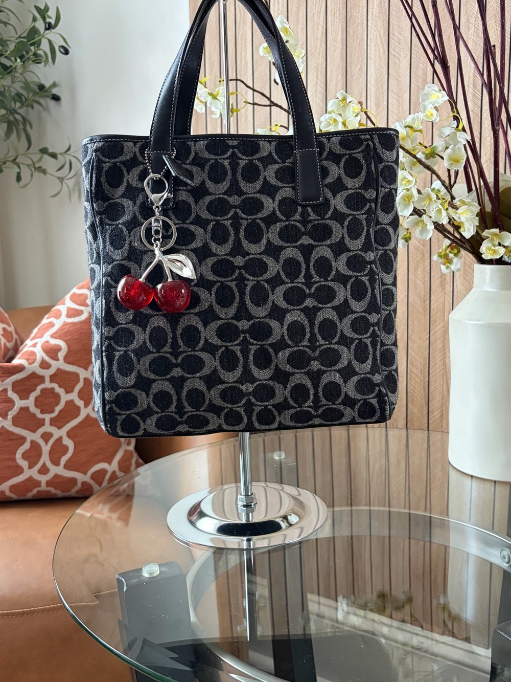 Vintage Coach wool Black Signature Jacquard Tote with Red Cherry Charm